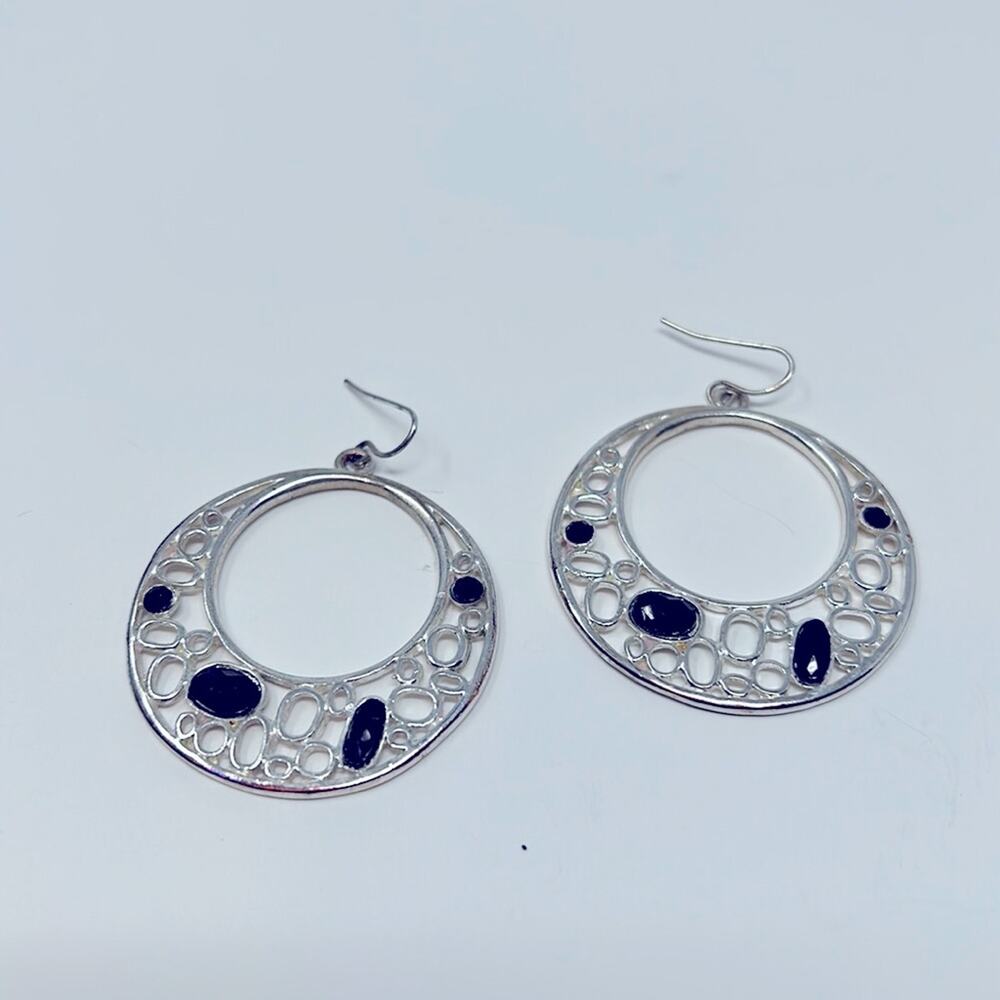 Vintage Silver Black Bead Hoop Dangle Earrings